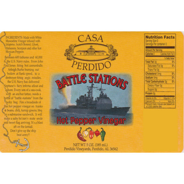 Casa Perdido Battle Stations Hot Pepper Vinegar Label
