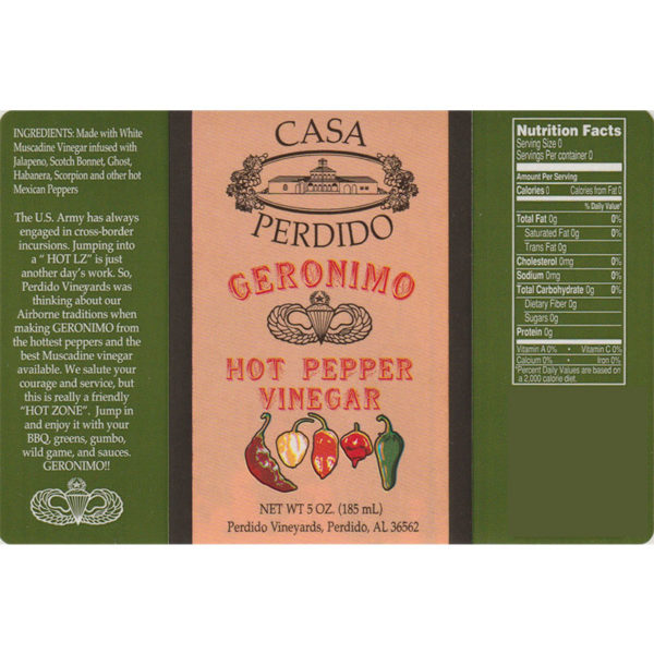 Casa Perdido Geronimo Hot Pepper Vinegar Label