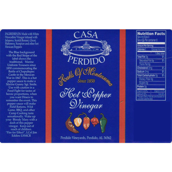 Casa Perdido Halls of Montezuma Hot Pepper Vinegar Label
