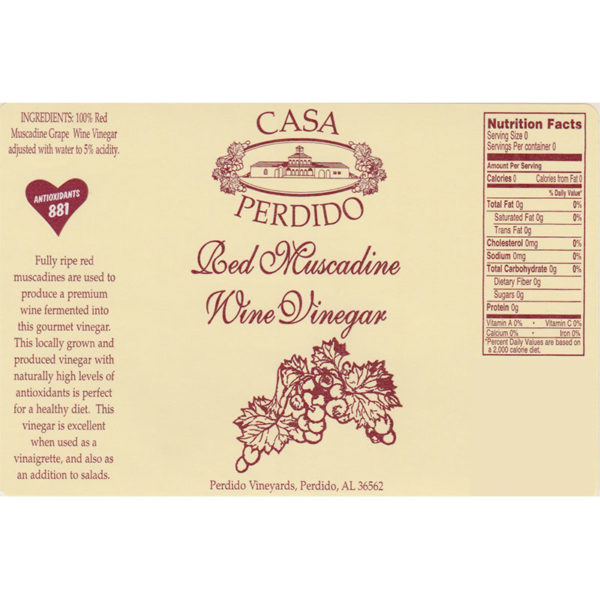 Casa Perdido Red Muscadine Wine Vinegar Label