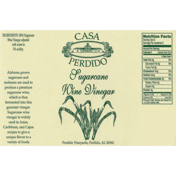 Casa Perdido Sugarcane Wine Vinegar Label