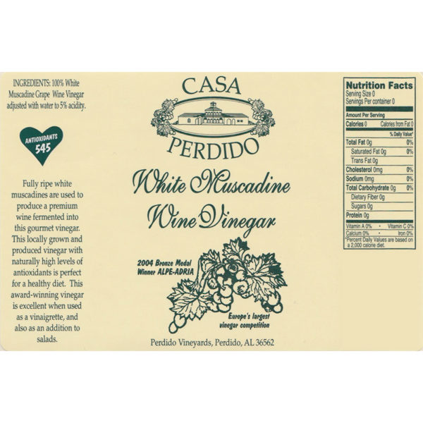 Casa Perdido White Muscadine Wine Vinegar Label