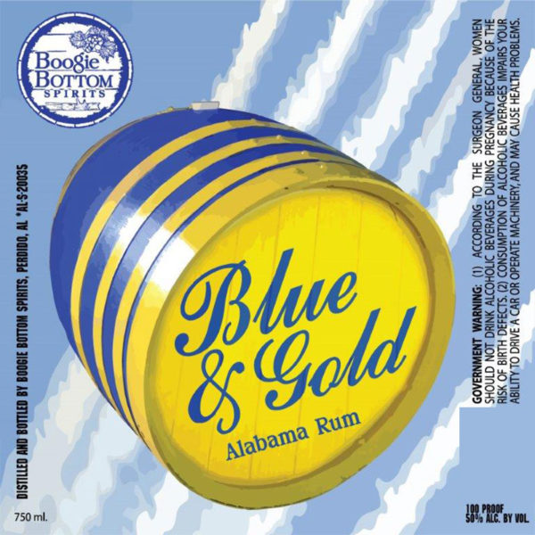 Boogie Bottom Blue and Gold Alabama Rum Label